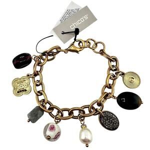 Chicos NWT Charm Bracelet Gold Tone Freshwater Pearl Labradorite Glass Beads 7"
